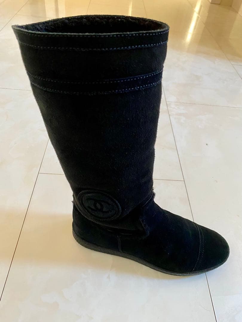 シャネル ムートン フラット ブーツ 黒 37 24cm ブラック CHANEL