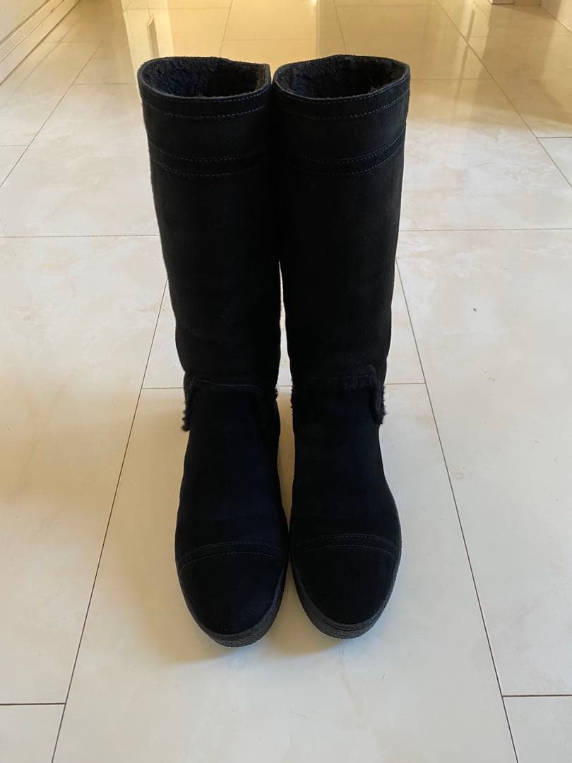 シャネル ムートン フラット ブーツ 黒 37 24cm ブラック CHANEL