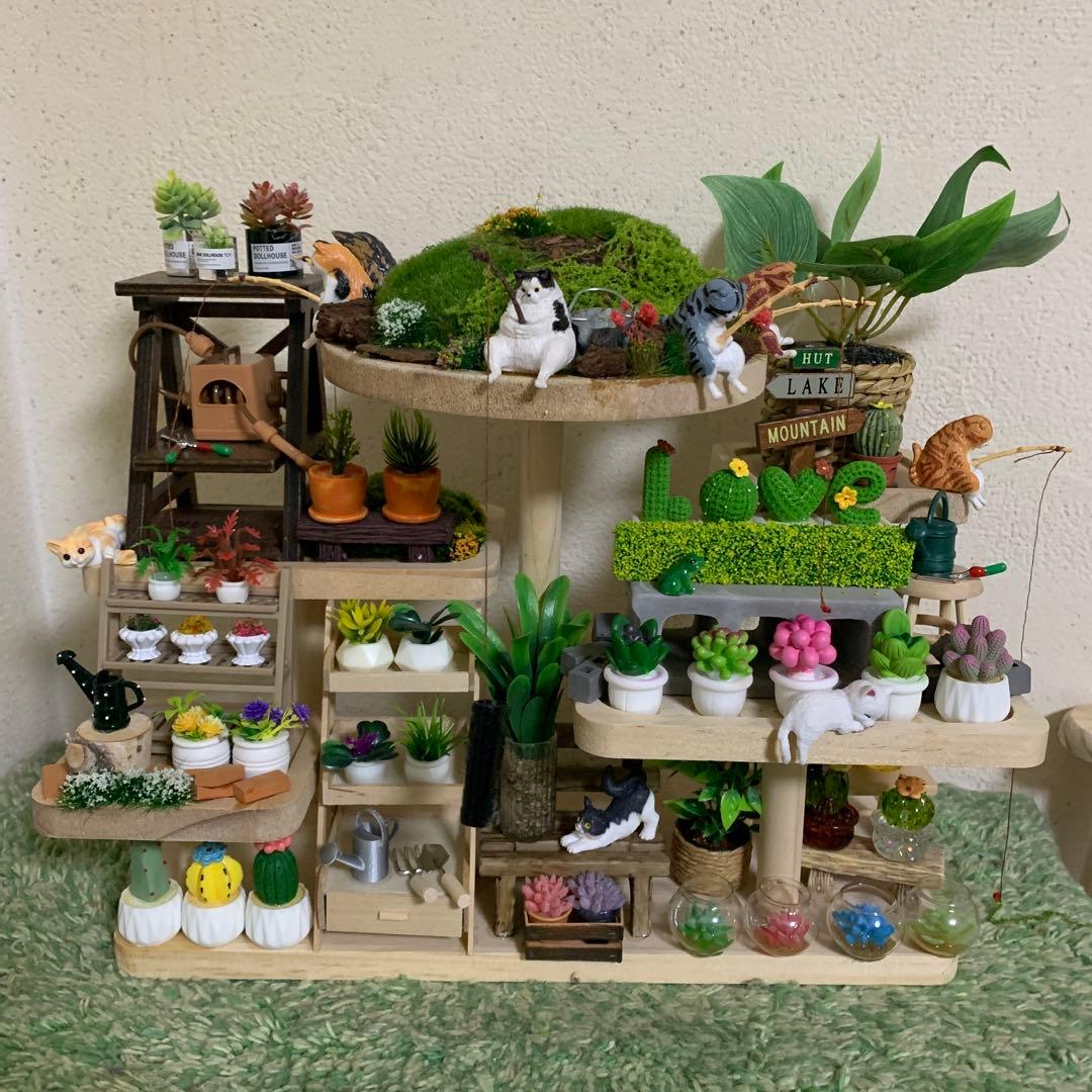 ミニチュア猫島アイランドフェイクガーデン、ハンドメイド、1点物、多肉植物サボテン