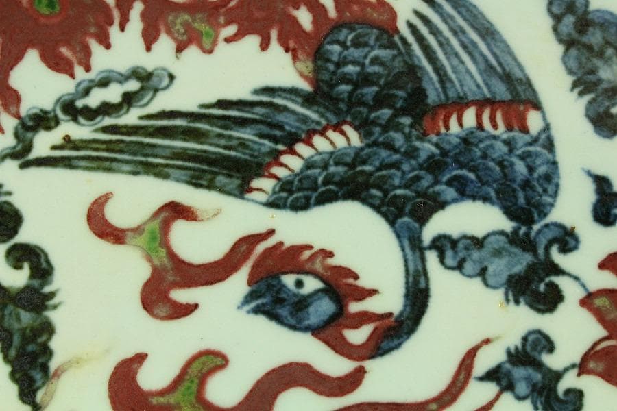 中国美術 青花 紅 纏枝蓮花麒麟鳳紋 皿(K-A836)