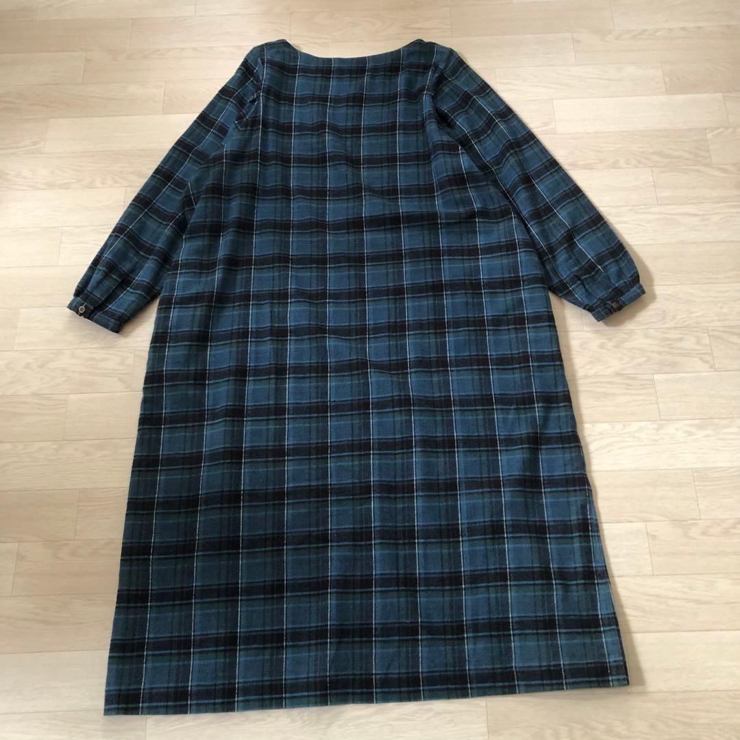 45R インドネル　チェック柄ワンピース Rロゴ刺繍入り　ふっくら袖