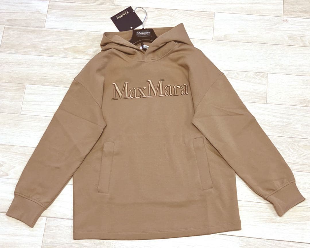 マックスマーラ ジャージー素材 ロゴ刺繍フーディ　パーカー キャメル
