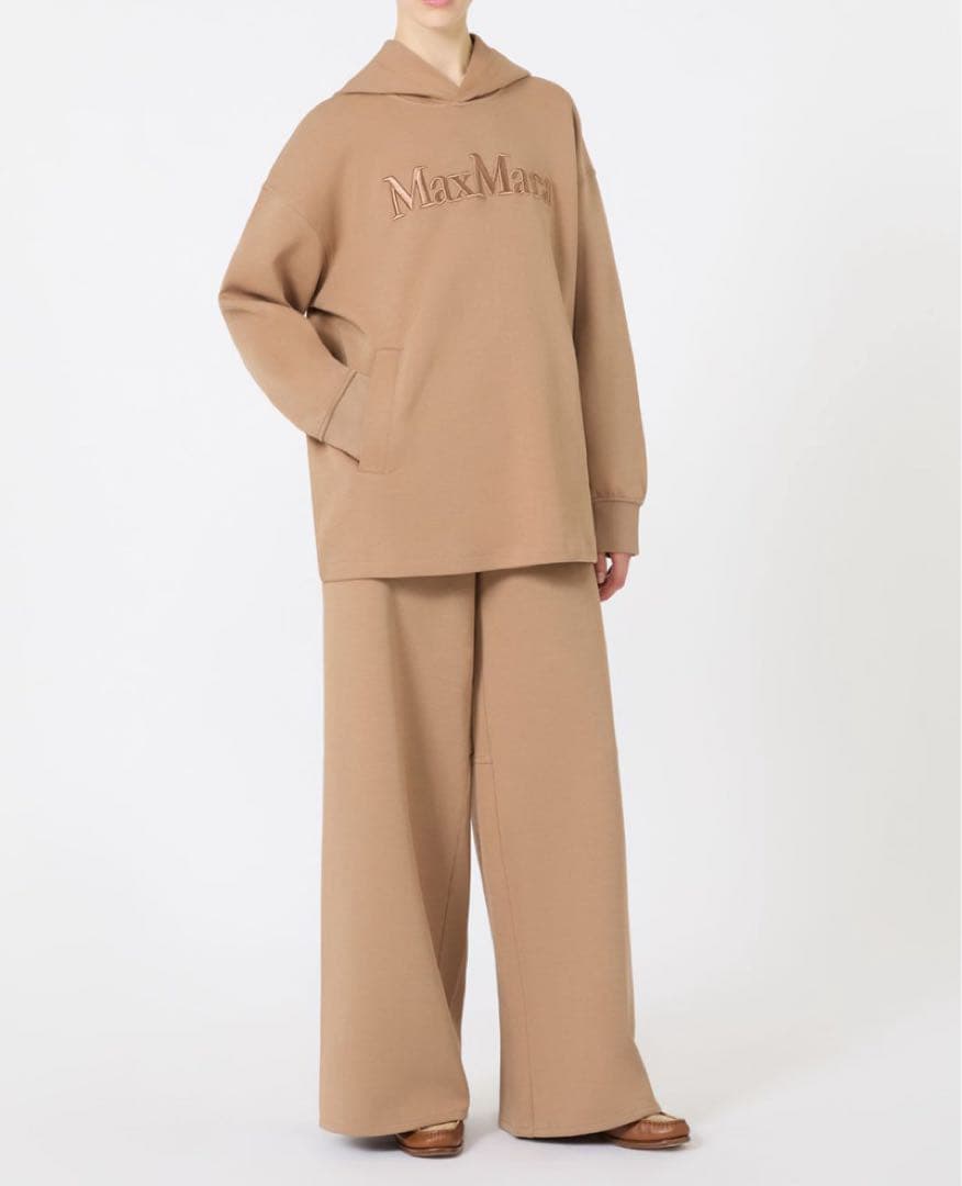 マックスマーラ ジャージー素材 ロゴ刺繍フーディ　パーカー キャメル