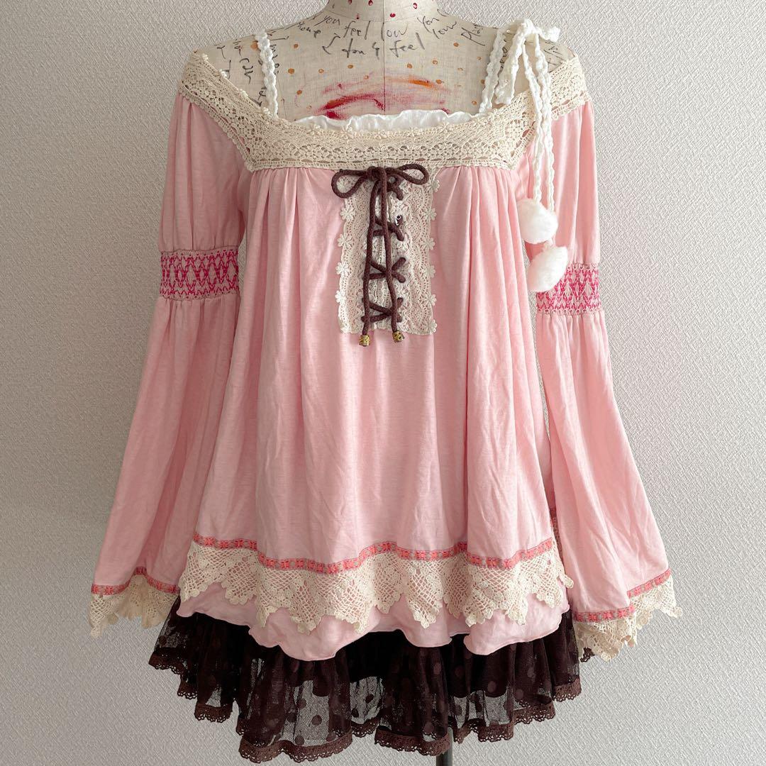 00s 希少 LIZLISA オフショルレースアップボヘミアンチュニック 姫カジ