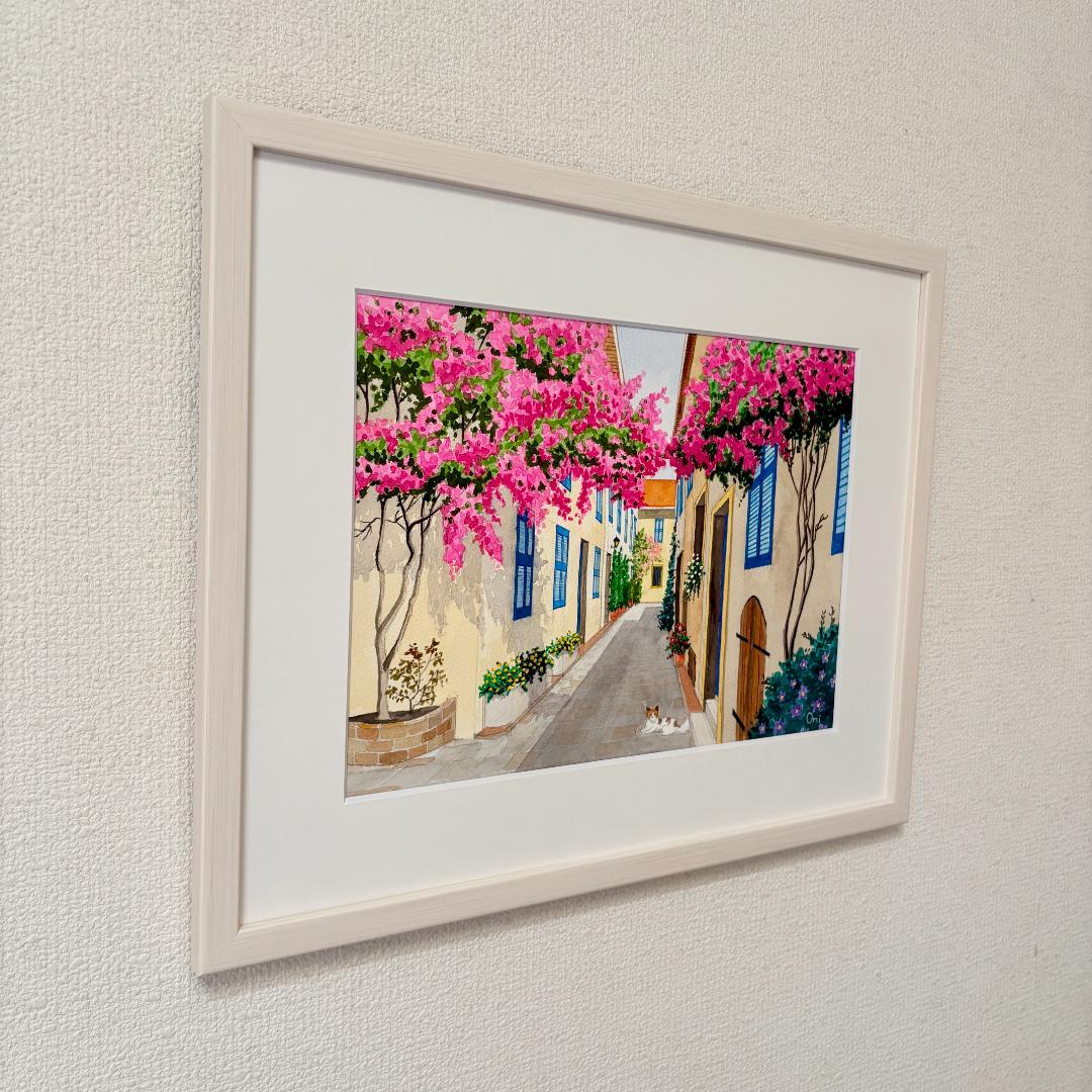 透明水彩画　原画　「花の咲く路地05」額縁付き　F4サイズ　風景画