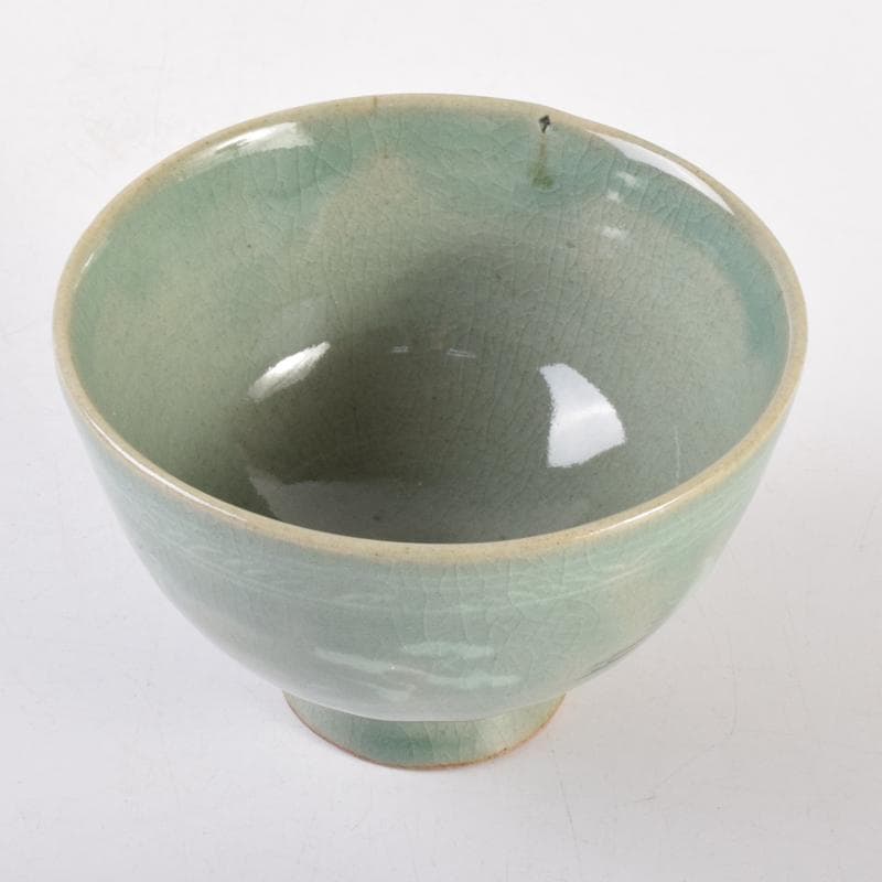 豆　一玉作　高麗青磁　象嵌雲鶴文　茶碗　共箱　C　7143