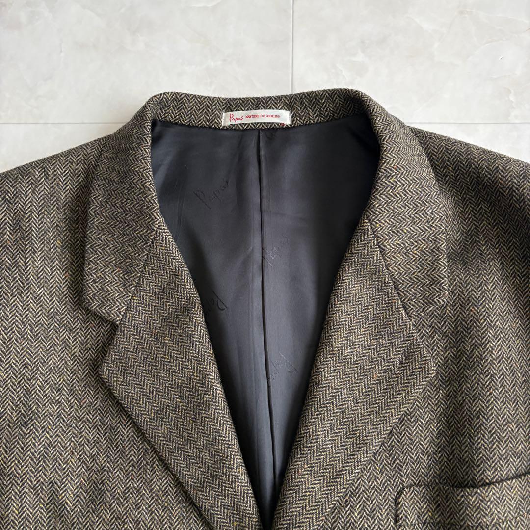 美品✨ Papas ヘリンボーンツイードJK 茶 L MOON生地 ウール100