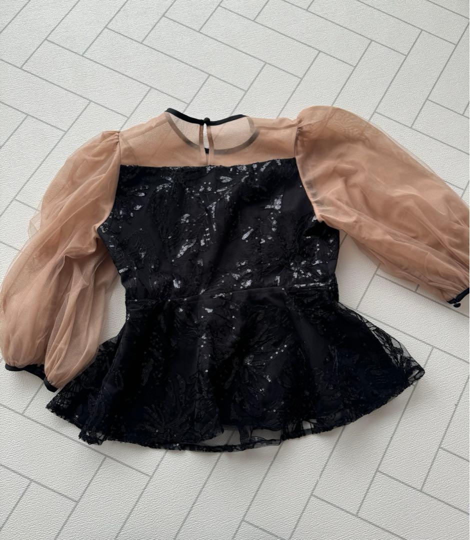 シアーパフスリーブペプラムスパンコール花柄Iラインドレスワンピース 2点セット