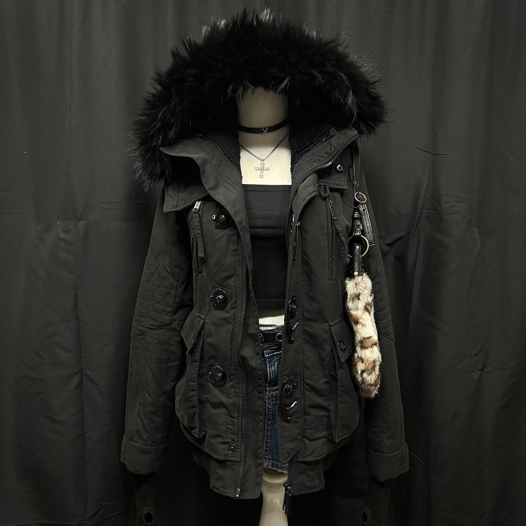 平成ギャル y2k グランジ　ファー付き　モッズコート　ブラック　ダークコア