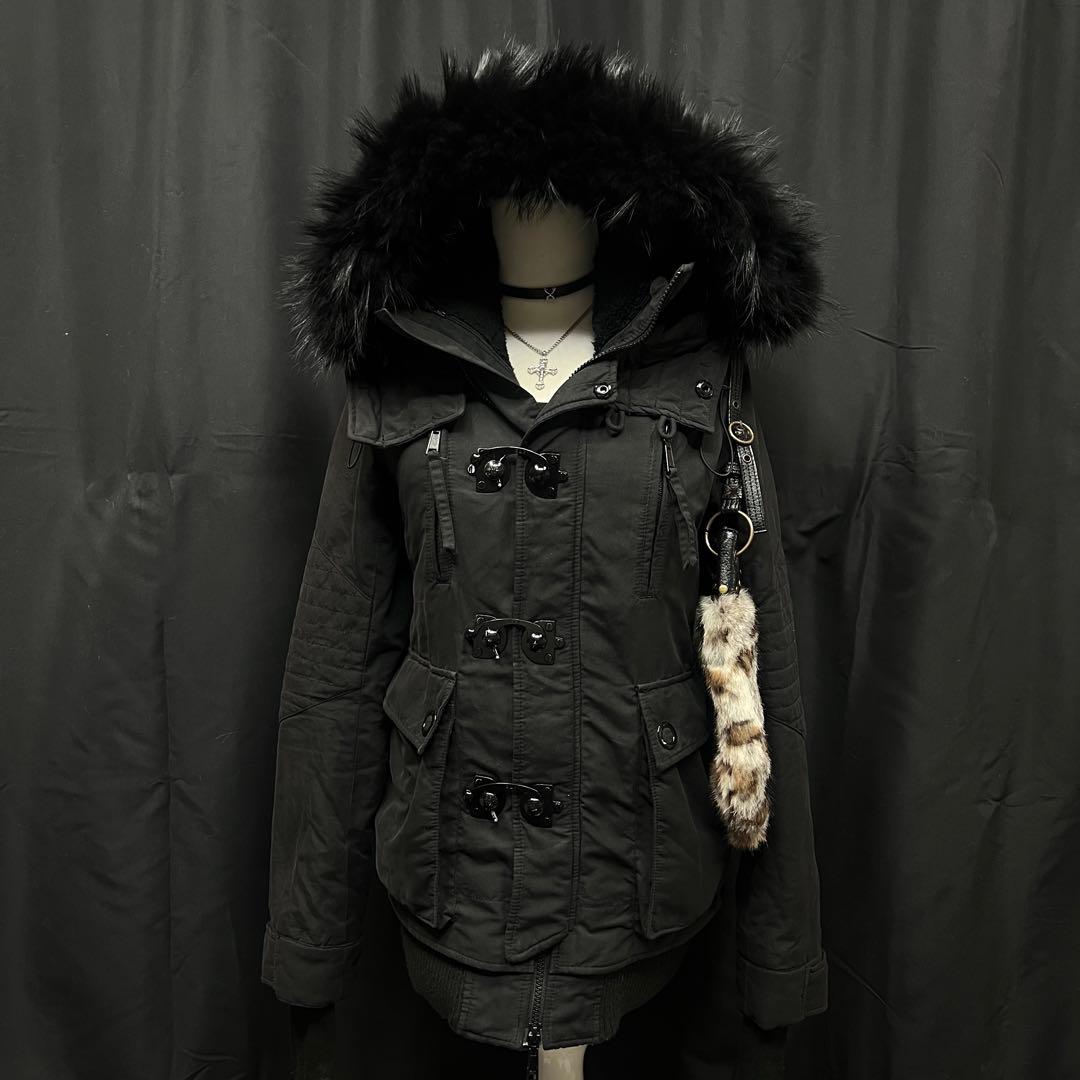 平成ギャル y2k グランジ　ファー付き　モッズコート　ブラック　ダークコア
