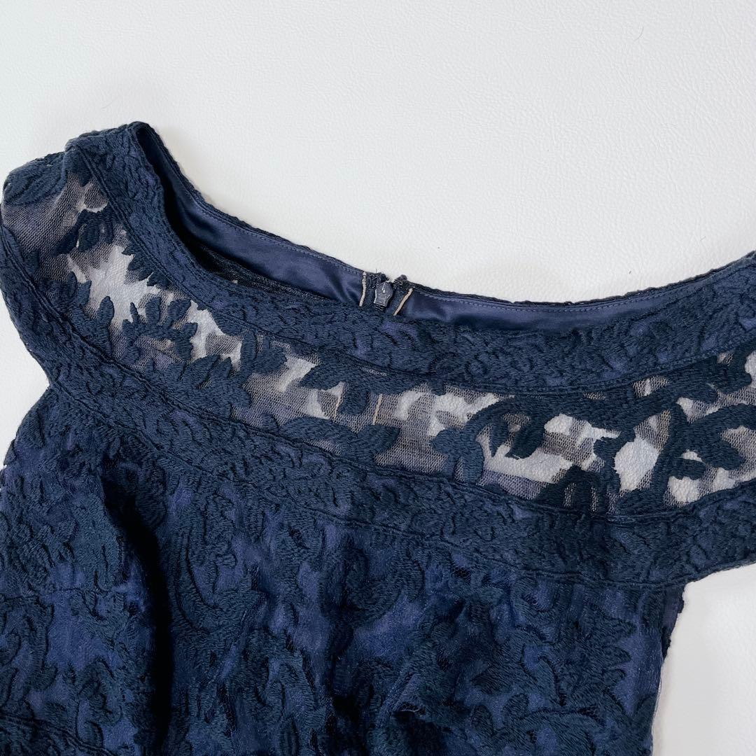 タダシショージ レース 刺繍　スリット ロングドレス　ネイビー　ワンピース