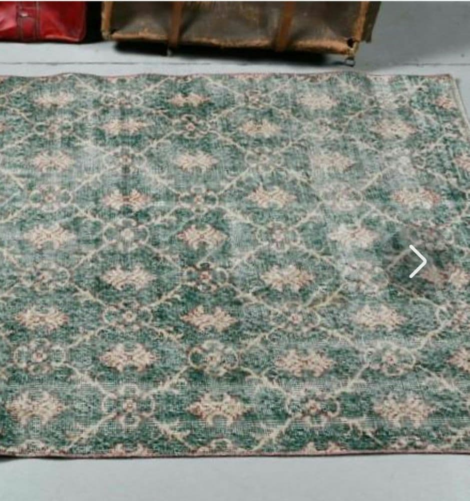 クリーニング済！⭐トルコ製ヴィンテージラグ◽ 紋章 柄◽グリーン &レッド