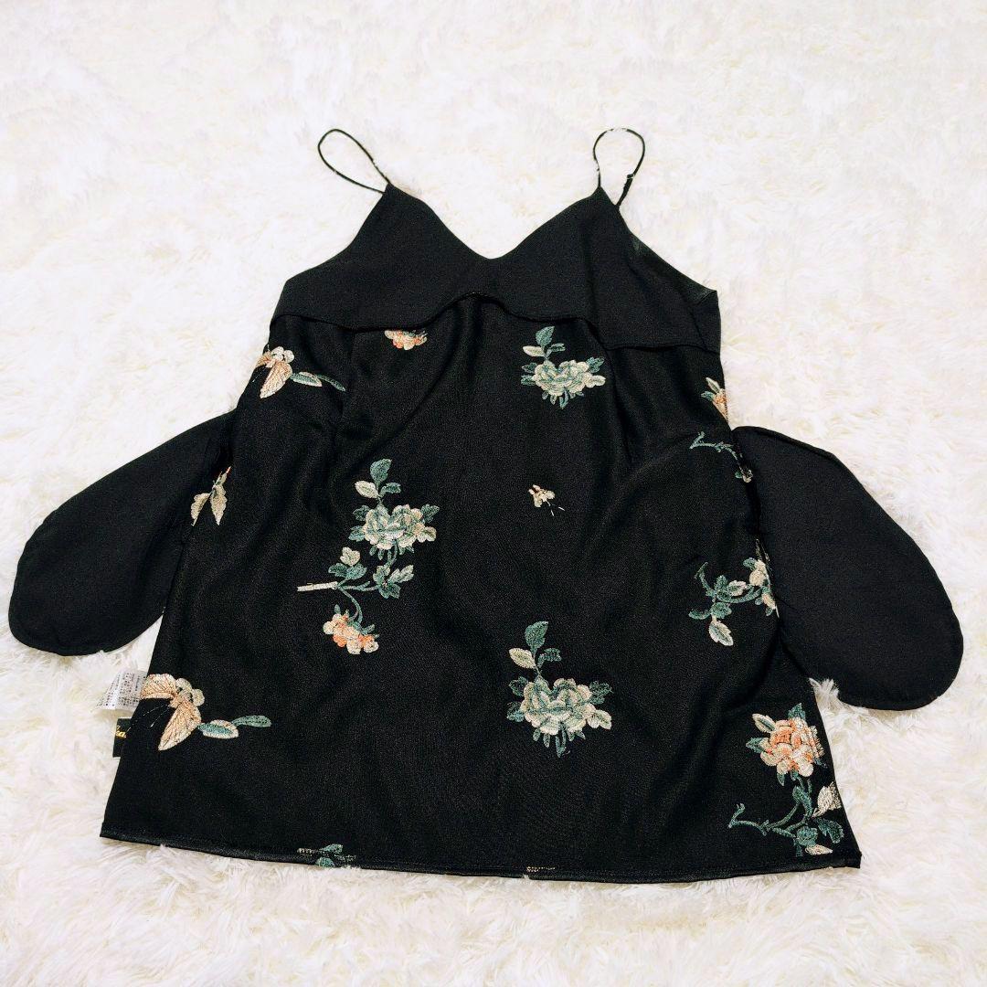 Omekashi レイヤード キャミチュニック 花柄 刺繍 ブラック