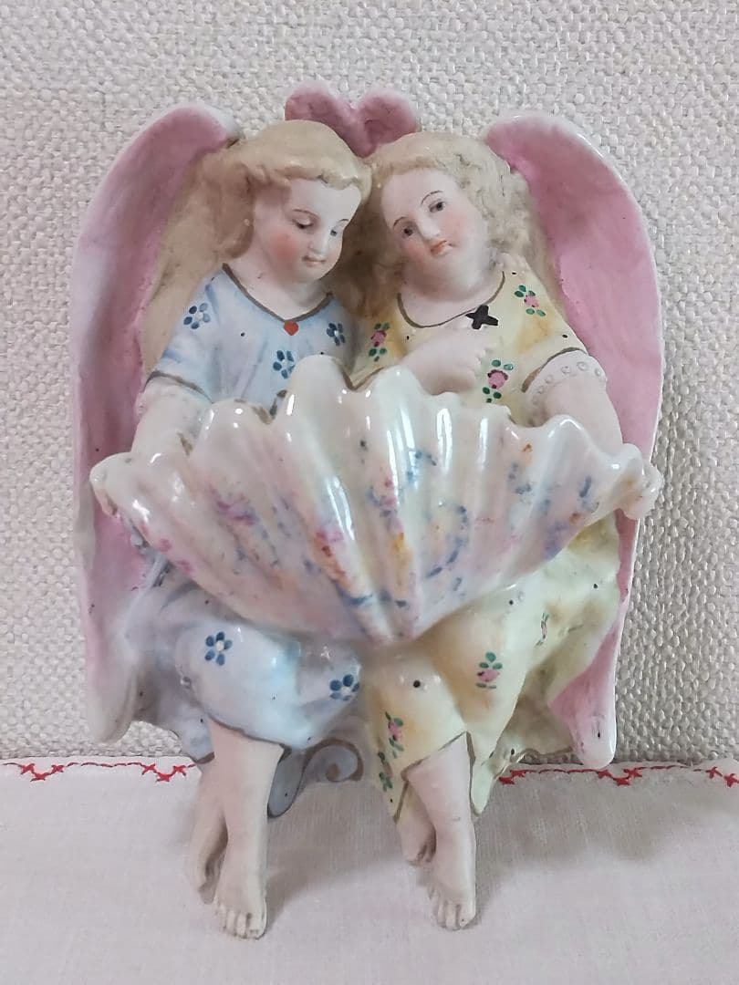 アンティーク 2人のピンク天使 聖水盤