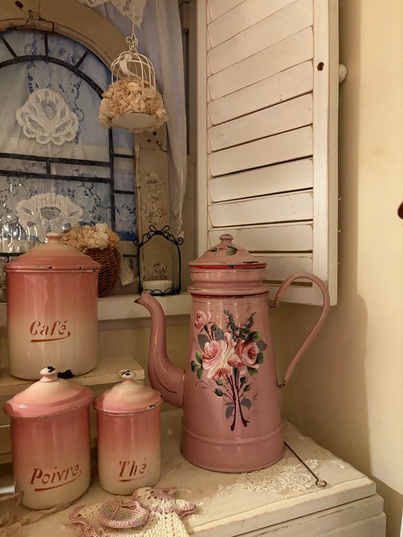 アンティークホーロー♡AUBECQ社ピンクバラ柄ホーローカフェティエール　希少❣️