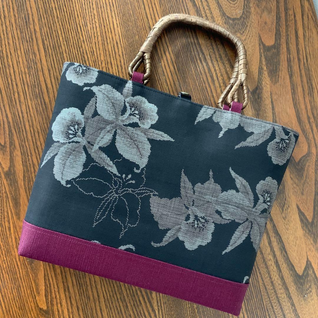 大島紬 カトレアの花 リメイク 胡桃皮ハンドルバッグ