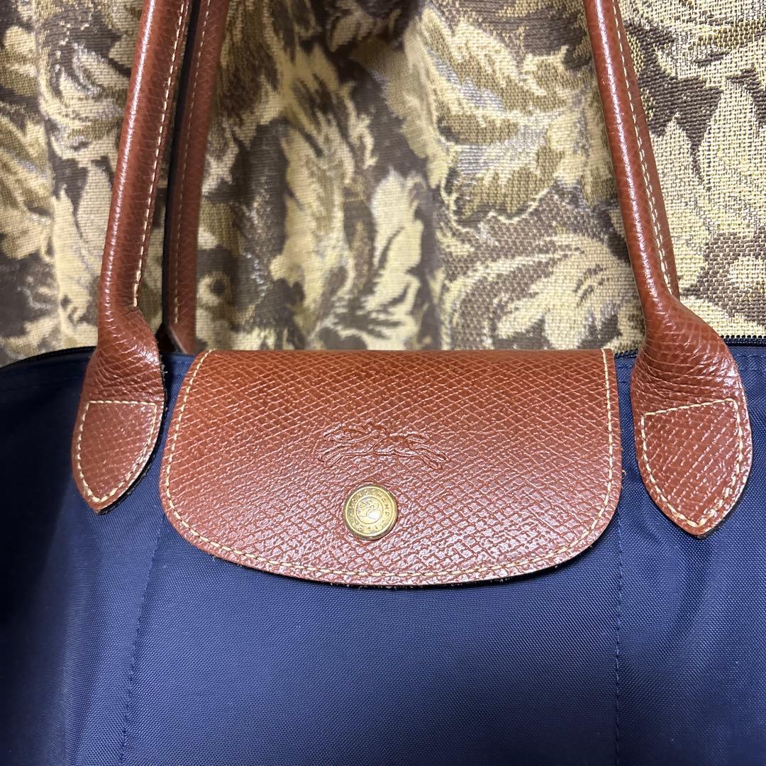 Longchampネイビー ナイロン バッグ ブラウンレザー