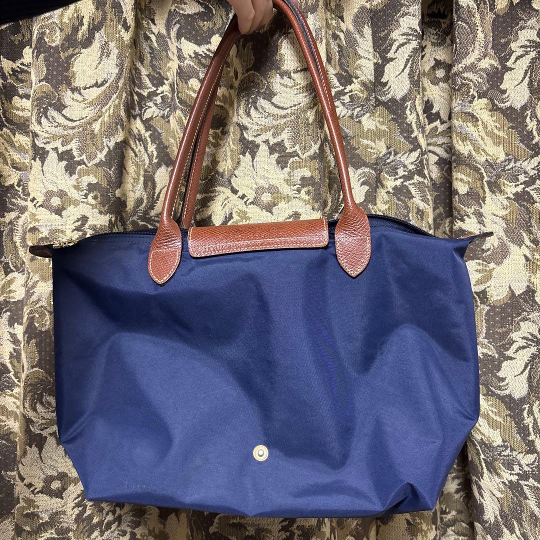 Longchampネイビー ナイロン バッグ ブラウンレザー
