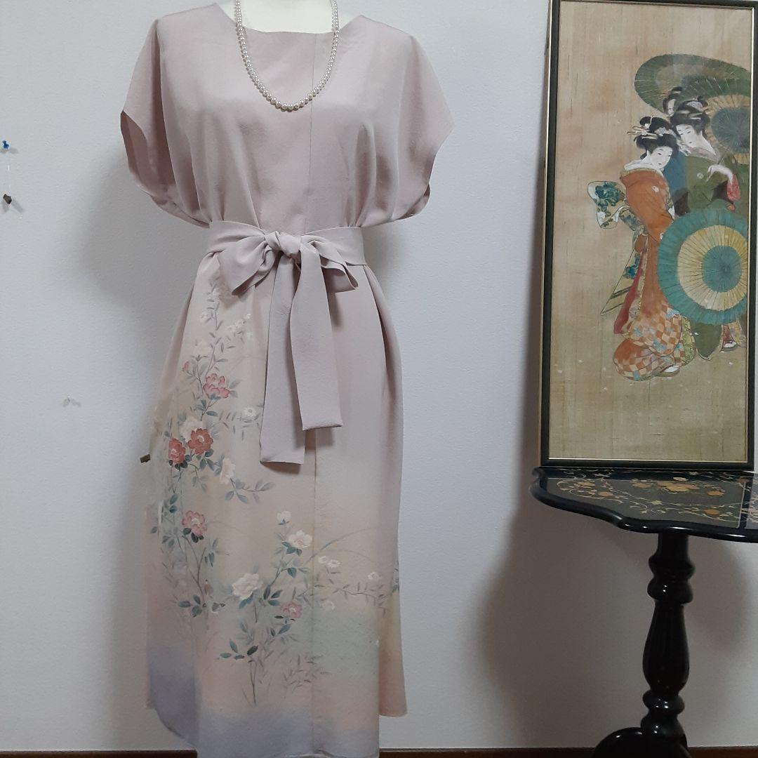 リメイク着物ロングワンピースボレロ付きＬ正絹着丈115センチ