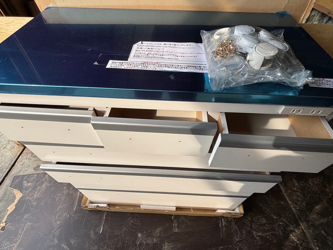 ホワイト 5段引き出し 食器棚天板ステンレス
