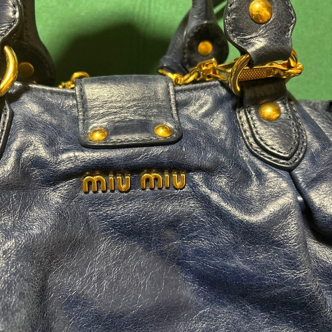 miu miu VITELLO LUX ハンドバッグ 2way リボン ブルー