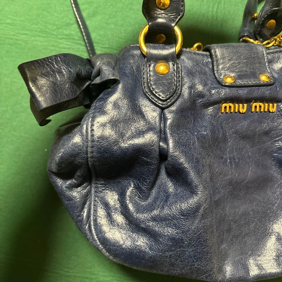 miu miu VITELLO LUX ハンドバッグ 2way リボン ブルー