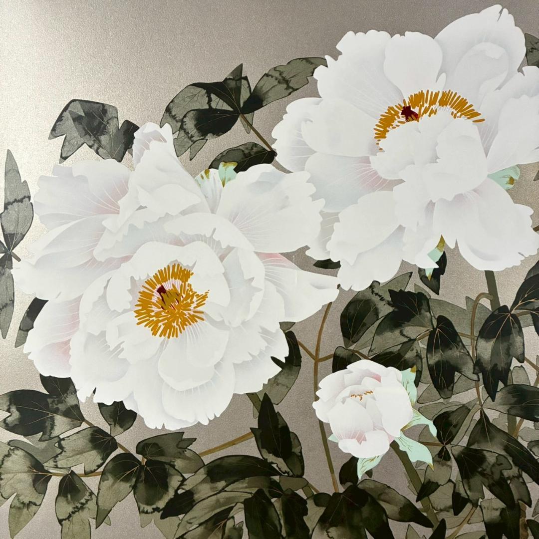 美品 中島千波「白牡丹」シルクスクリーン 大作 直筆サイン・印章・証明シール有