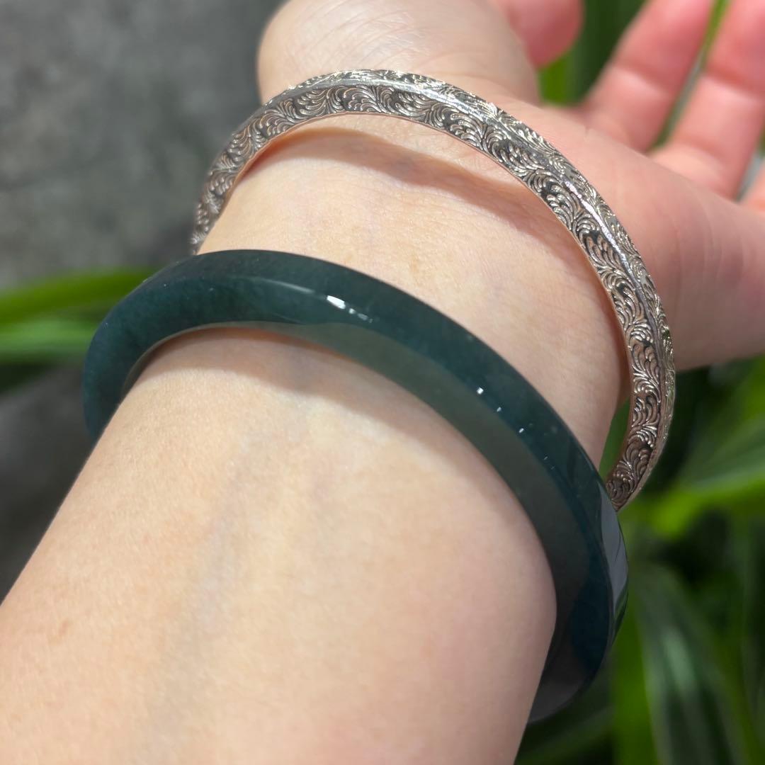 天然　本翡翠　A貨　藍水　深緑　氷種　バングル　鑑定書付き