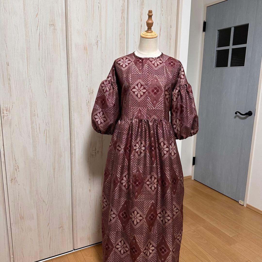 着物リメイク 大島紬から後ろボタンのドロップショルダーワンピース(L~LL)