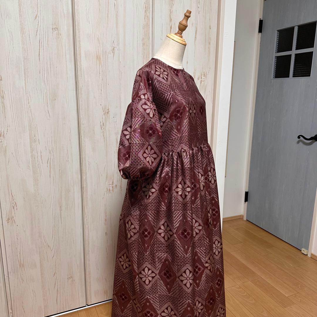 着物リメイク 大島紬から後ろボタンのドロップショルダーワンピース(L~LL)