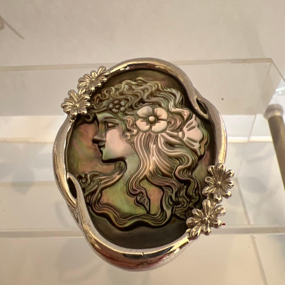 黒蝶貝カメオ シルバートップ、ブローチ両用