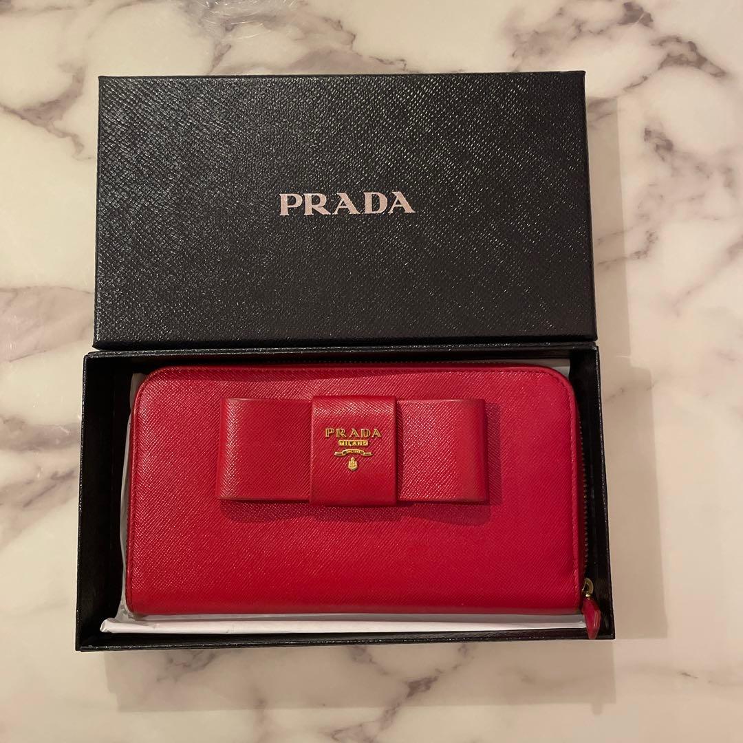 プラダ　リボン　長財布　ゴールド金具　赤　サフィアーノレザー