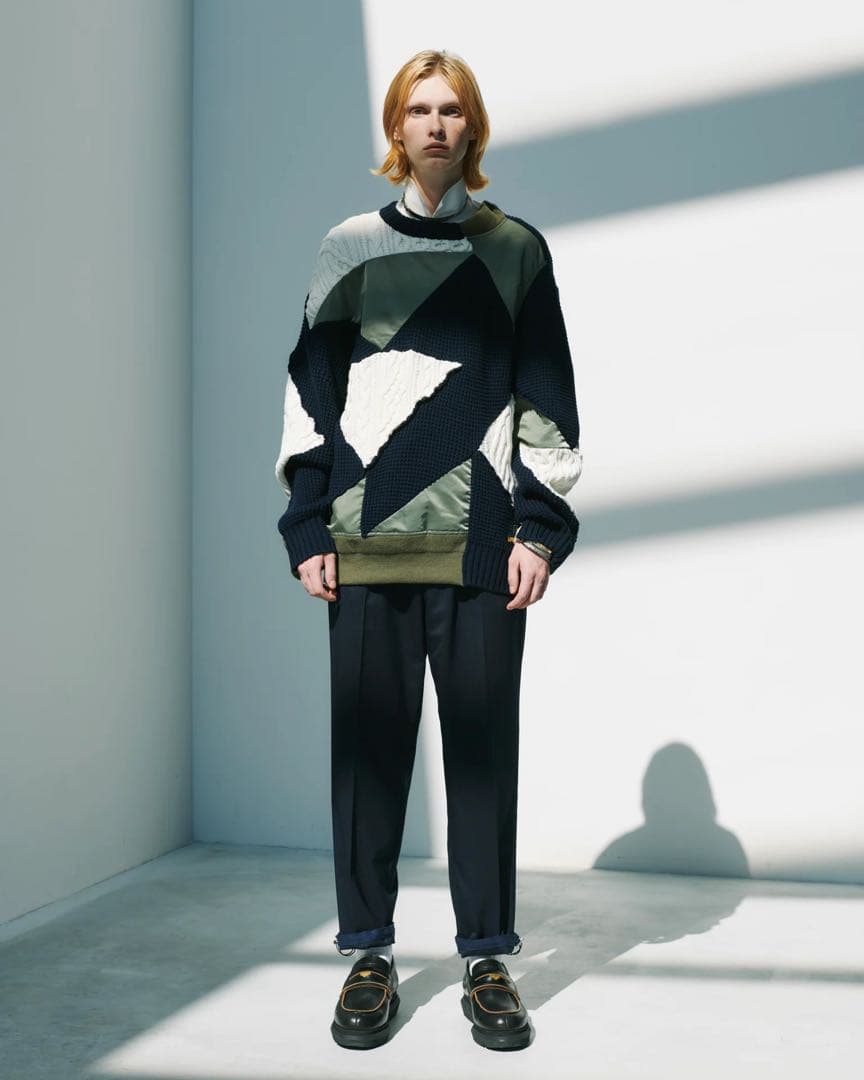 sacai 21SS ベロア切替 スーチングパンツ 1 濃紺 裾ドローコード