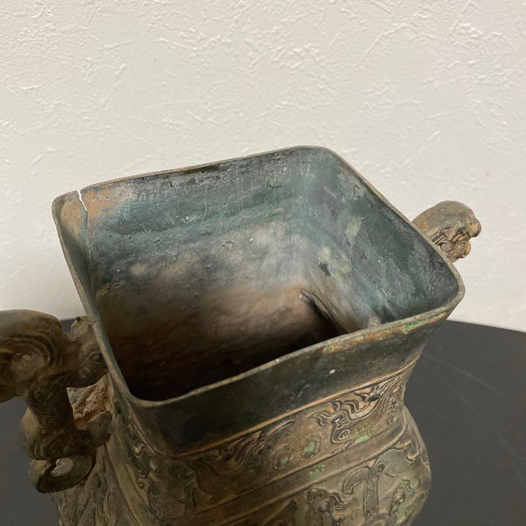 中国美術 青銅器 饕餮紋獣耳壷 花瓶 漢銅器