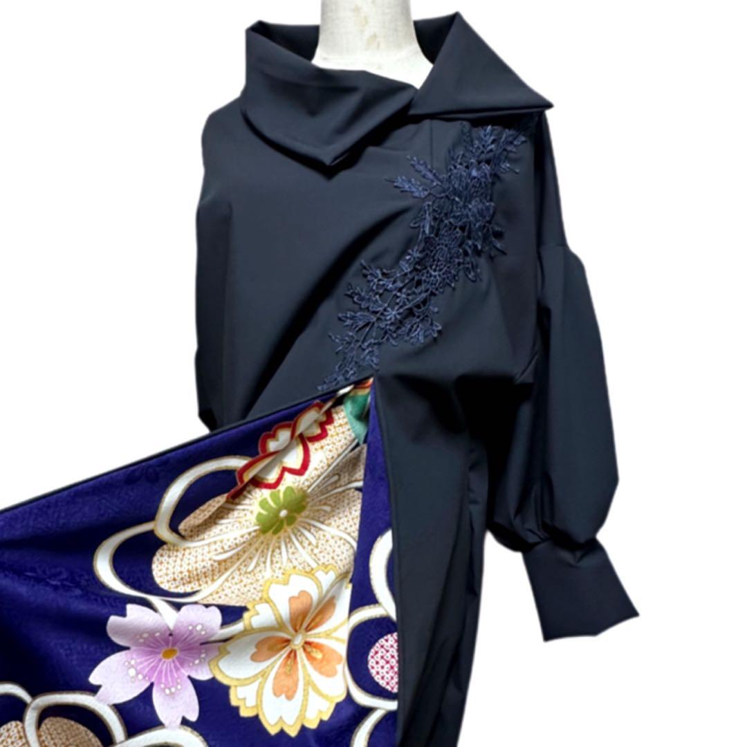 振袖　着物リメイク　ドレス　濃紺×金彩桜や菊や橘　和柄　ワンピース　ハンドメイド