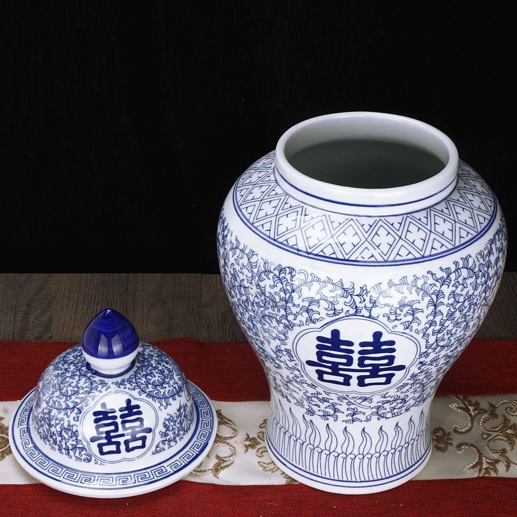 青花喜字将軍壺 応接間 結婚部屋 装飾 景徳鎮 現代工芸品 美術品 置物