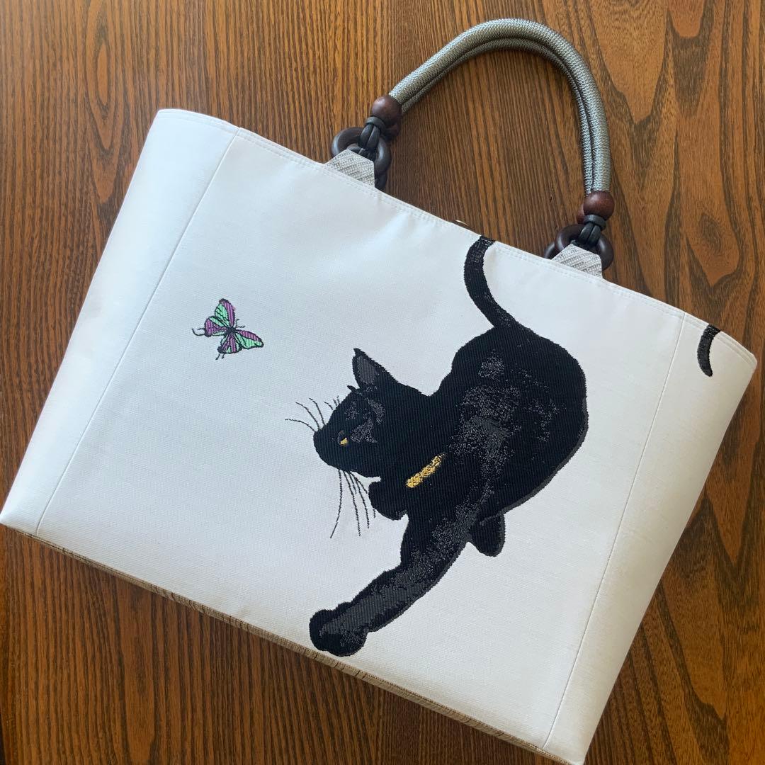A4サイズ対応　帯　猫と蝶々　リメイク　江戸打紐ハンドルバッグ