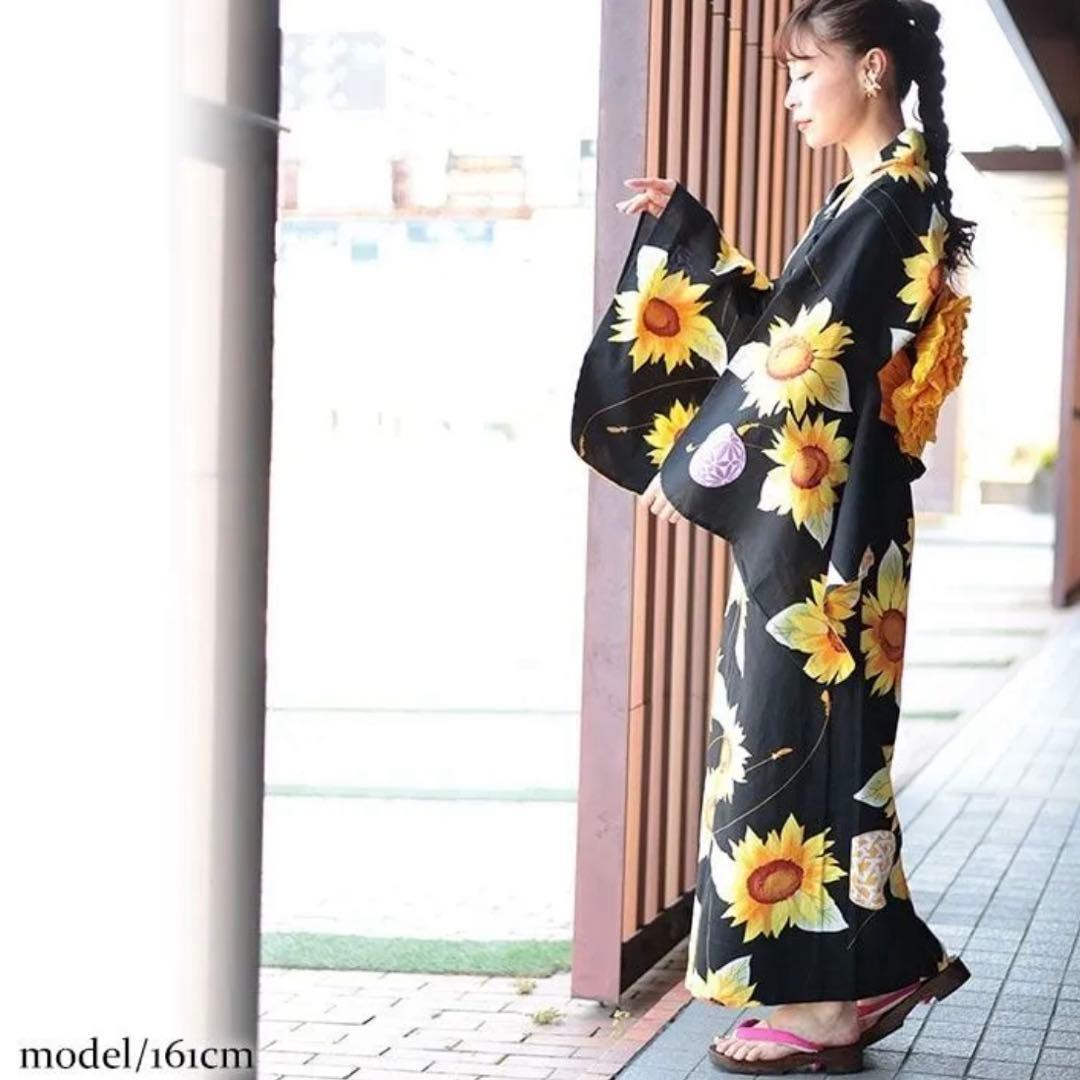 ✨新品✨大きいサイズ レディース 鞠ひまわり柄浴衣＆結び帯2点セット ぽっちゃり