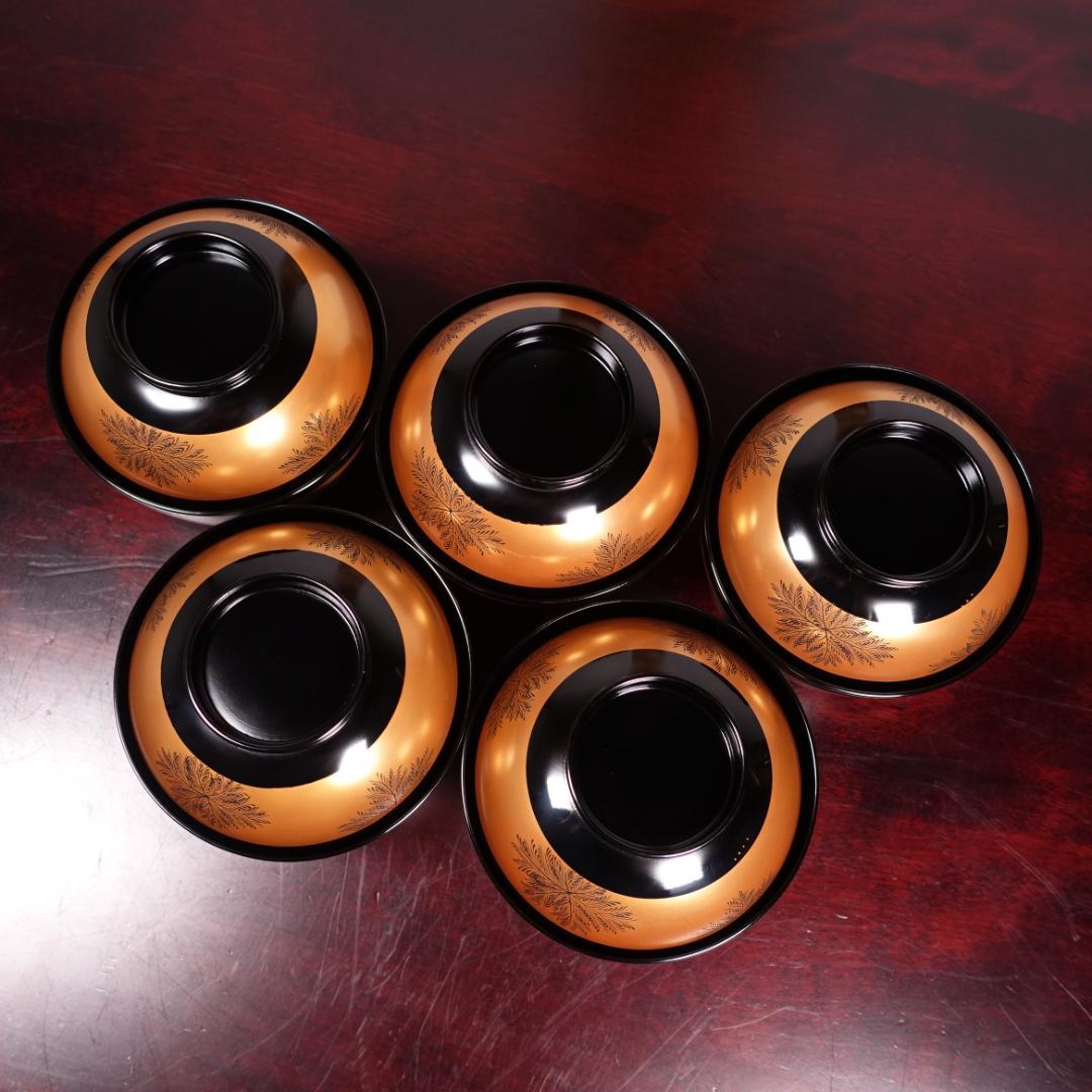 輪島塗 黒塗 蒔絵 草彫 吸物椀 5客 共箱 天然木製漆器