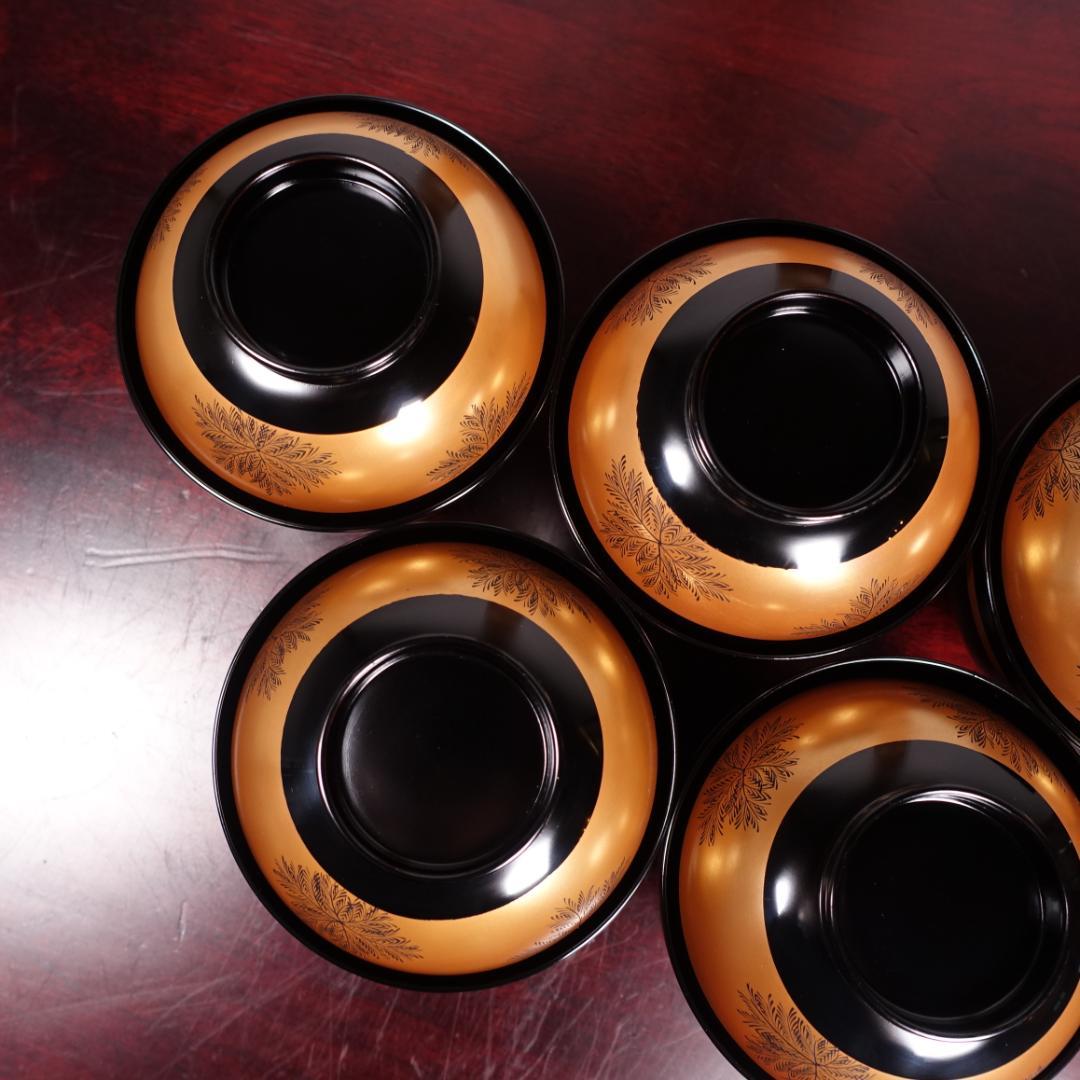 輪島塗 黒塗 蒔絵 草彫 吸物椀 5客 共箱 天然木製漆器