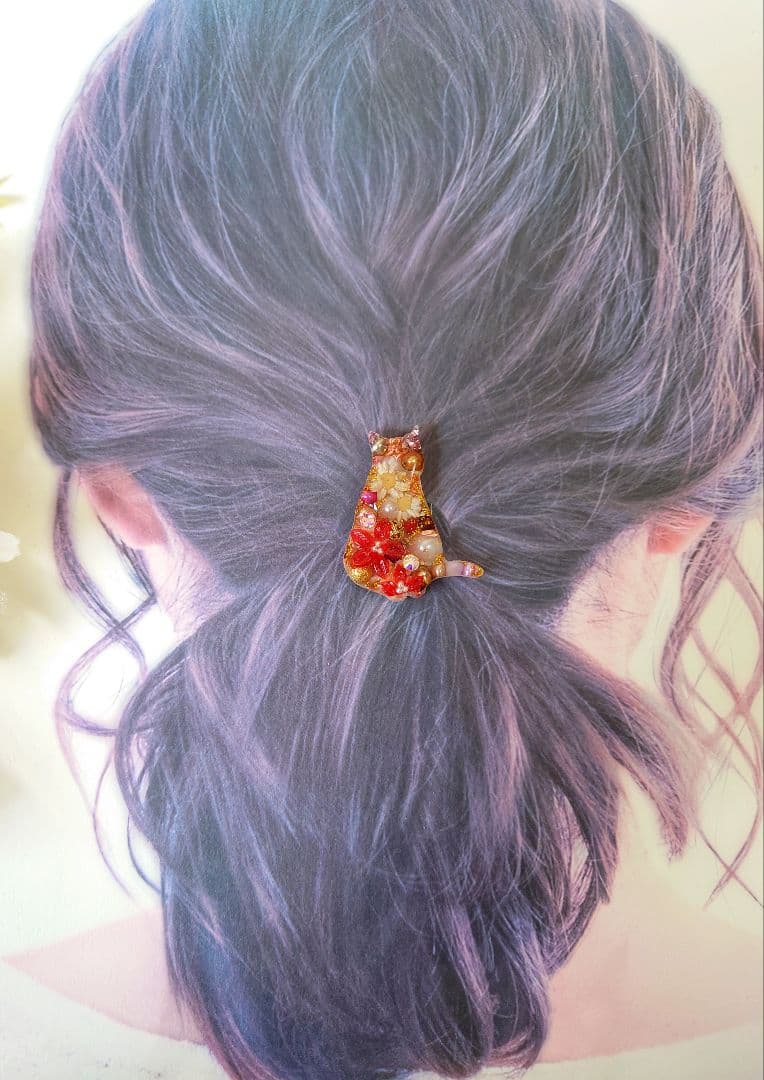 レジン　猫　ヘアゴム　ブローチ　ポニーフック　No.712
