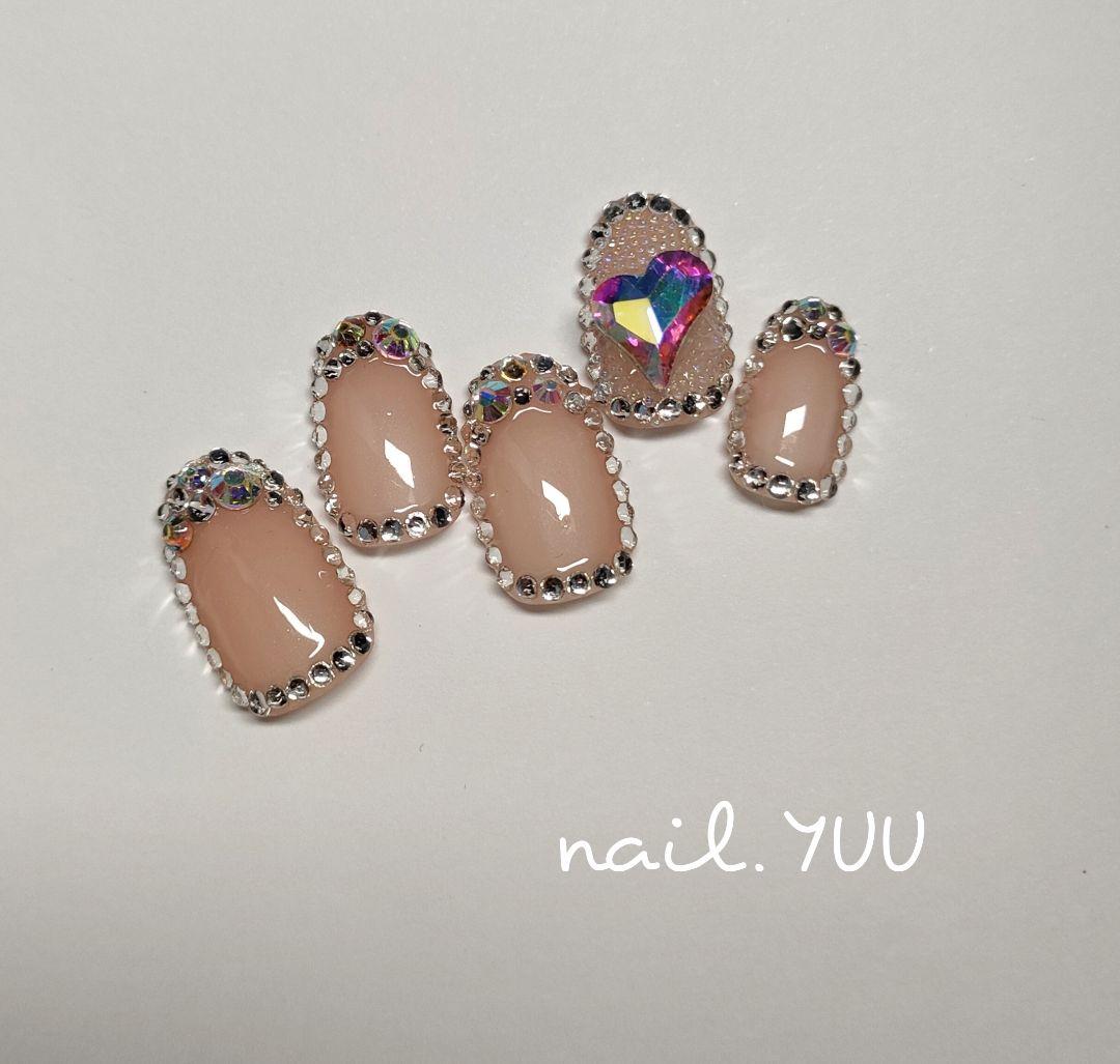 ネイルチップオーダー ストーン埋めつくし フレンチネイル ハートネイル韓国