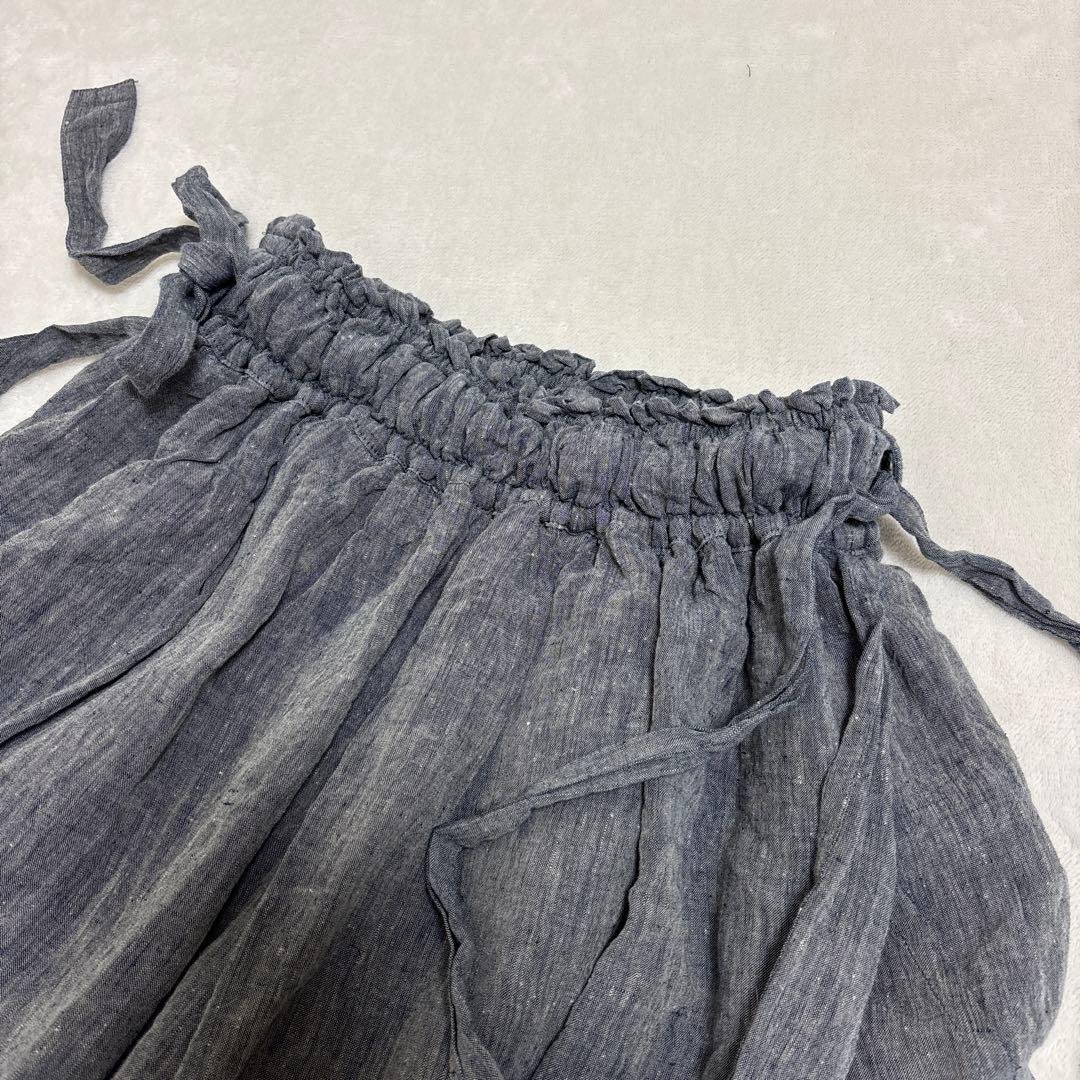 キャピタル リネン エプロン ガウチョ ワイドパンツ 総ゴム リボン ラップ