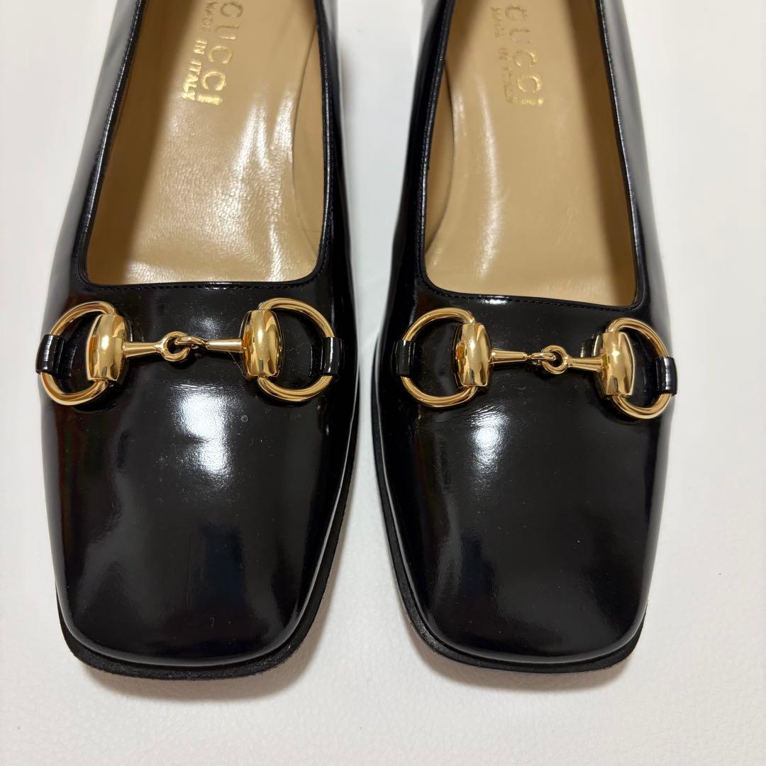 極美品✨GUCCI ホースビット パンプス チャンキーヒール パテントレザー 黒