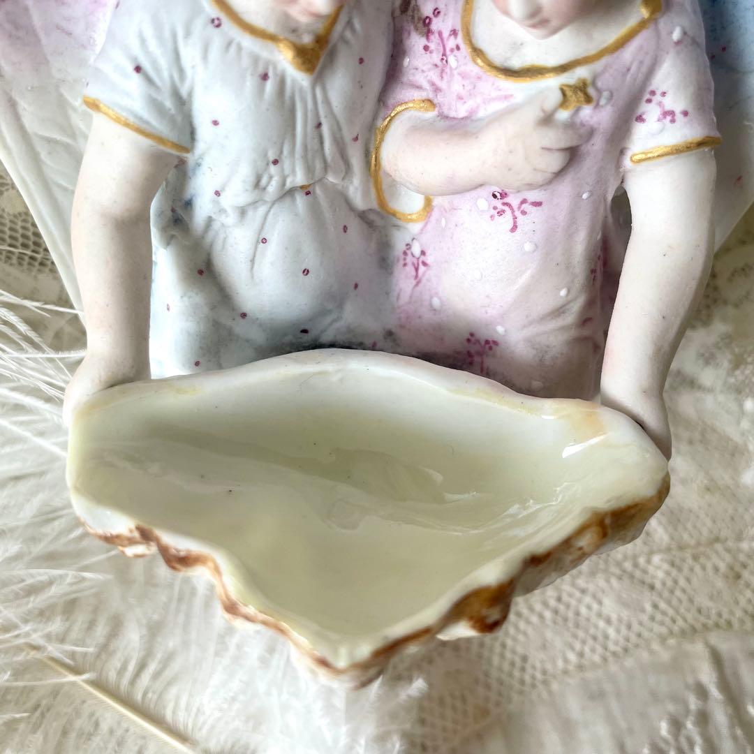 二人の天使の聖水盤　ビスク　フランスアンティーク　ブルーとピンク　エンジェル