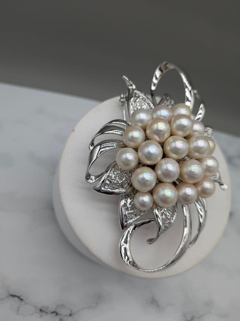 あこや真珠 ブローチ 大粒20珠 9.7×6.5cm 花デザイン　帯留め兼用