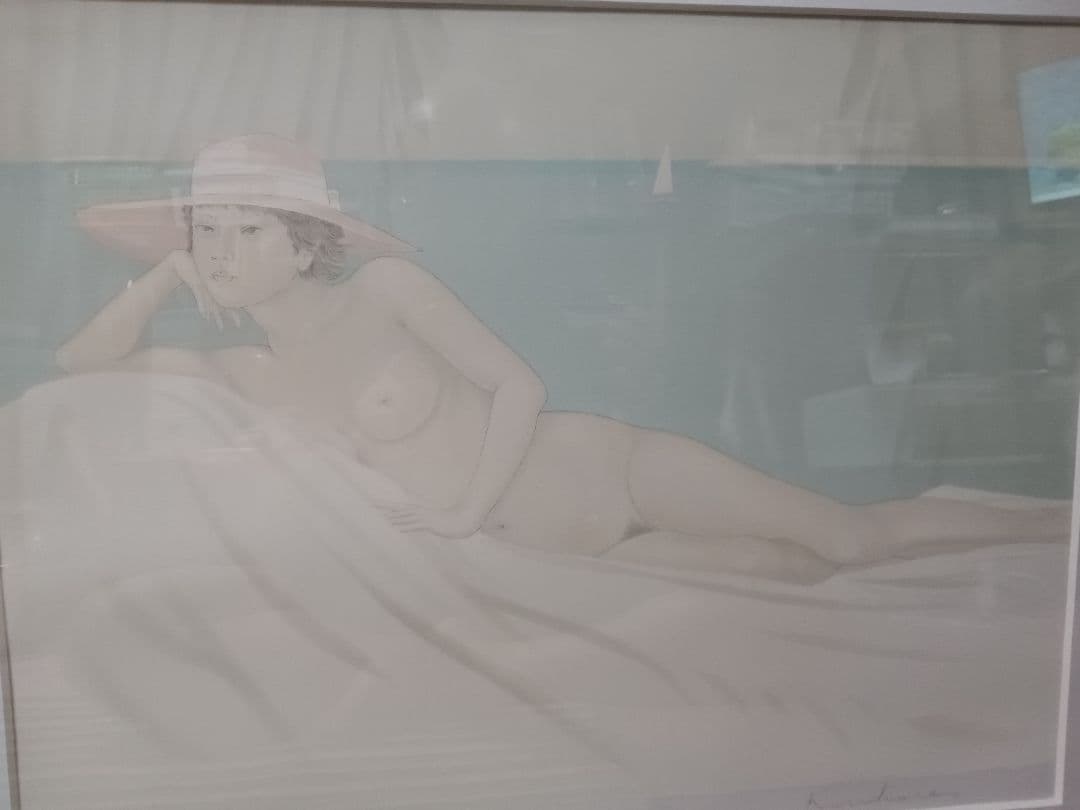 栗原喜依子作　リトグラフ｛晩夏・裸婦〕　額付　作家サイン有り　E・A版　美品