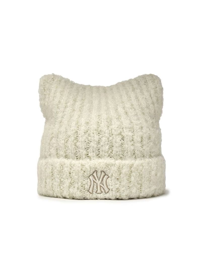 【新品】MLB 韓国限定 ビーニー 猫耳 ニット帽 カリナ着用 クリーム 紐なし