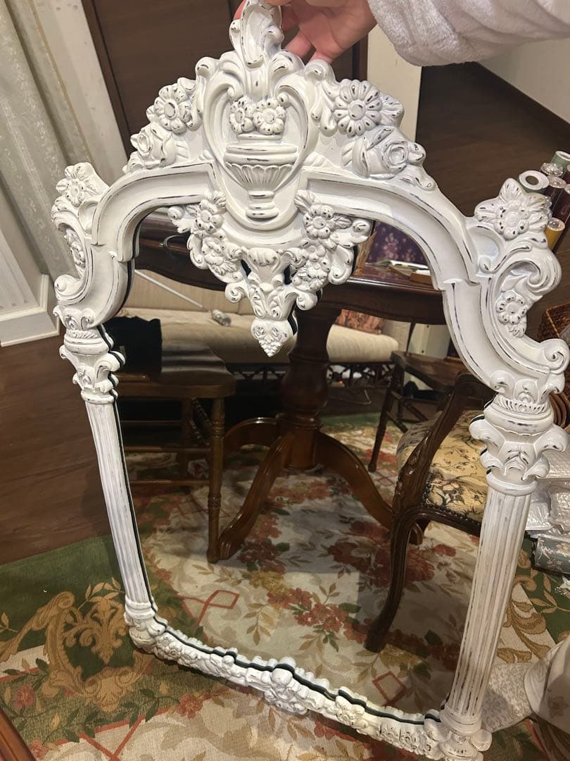 アンティーク　ロココ　ホワイト　壁掛けミラー　姿見