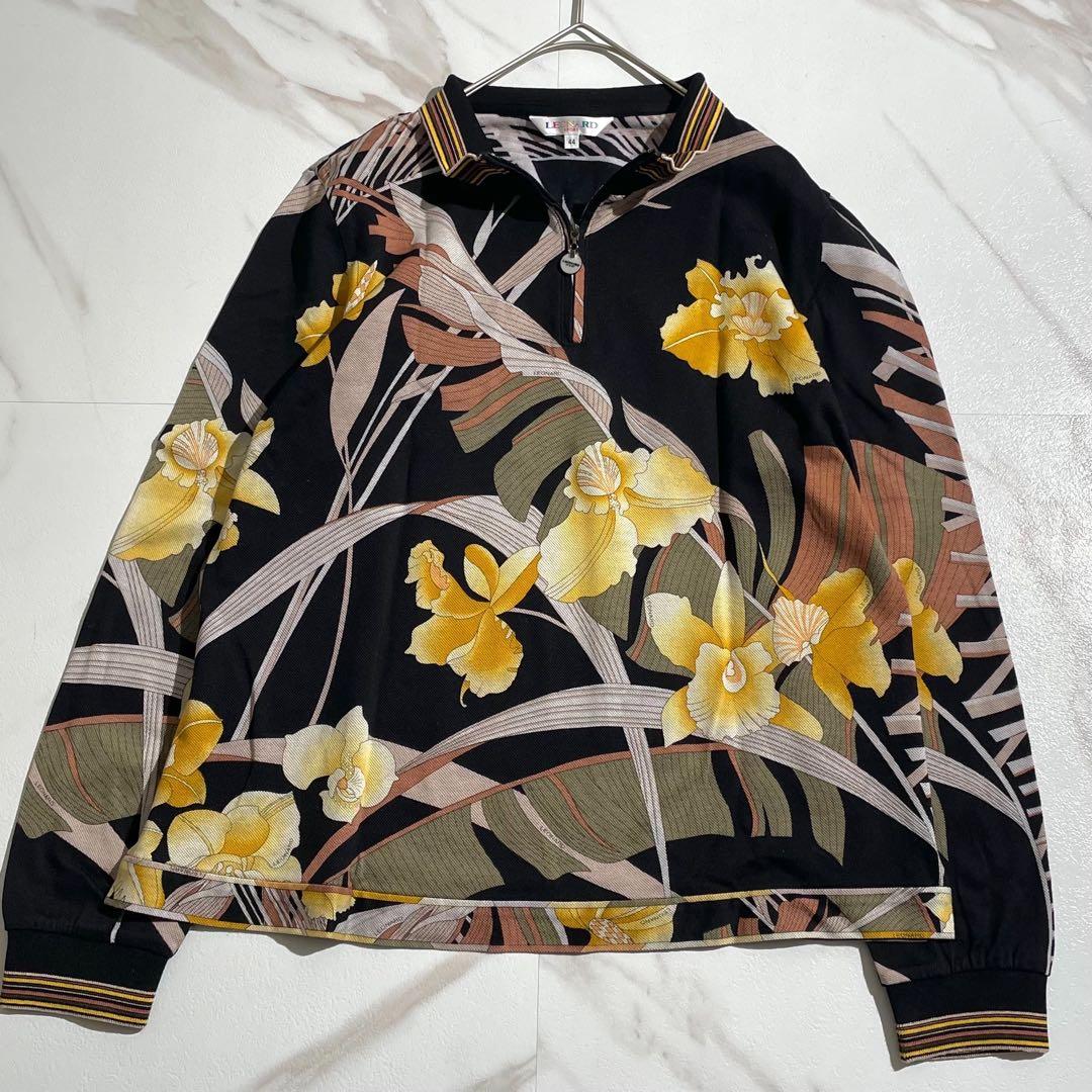 【希少】レオナール ハーフジップブラウス 花柄 トリム XLサイズ 黒 コットン